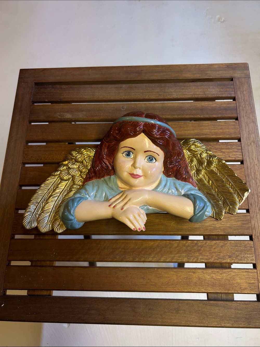 Vintage 90s Angel Cherub Shelf/Wall Decor Gold Wings Blue Dress Cottagecore
